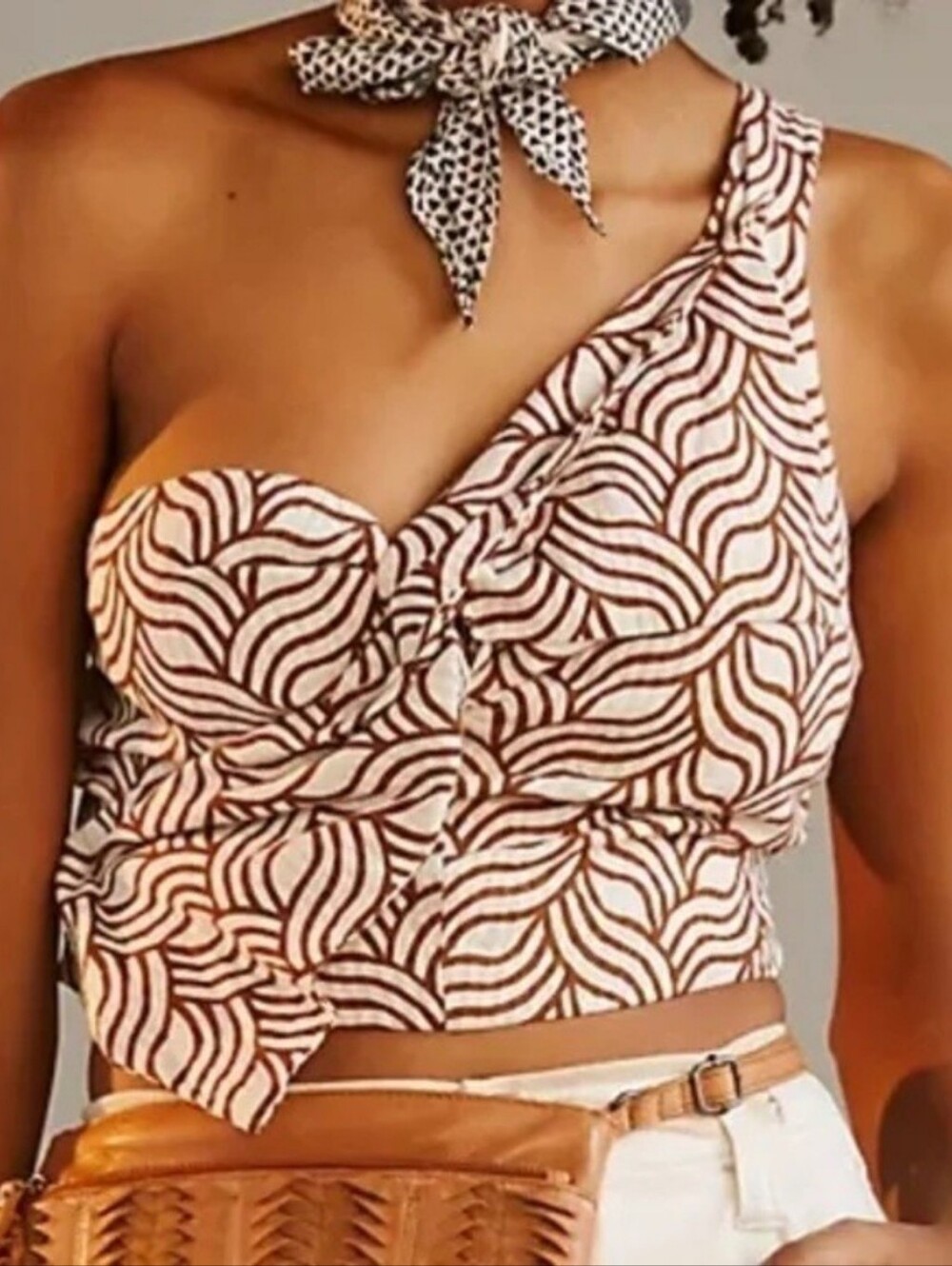 Antro Eva Franco One-Shoulder Brown Wave Print Crop Top Size 12
